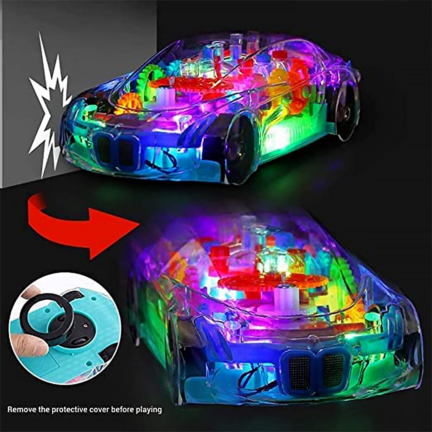 Automatic 360 Degree Rotating Transparent Gear Concept Car with Musical and 3D Flashing Lights Toy for Kids Boys & Girls (Multicolor / Battery Not Included) Automatic 360 Degree Rotating Transparent Gear Concept Car with Musical and 3D Flashing Lights Toy for Kids Boys & Girls (Multicolor / Battery Not Included)